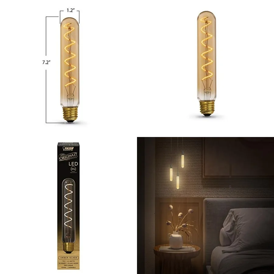 

Vintage Exposed Filament Amber Glass LED T10L with a Medium E26 Base Light Bulb - 40W Equivalent - 10 Year Life - 200 Lumen - 2