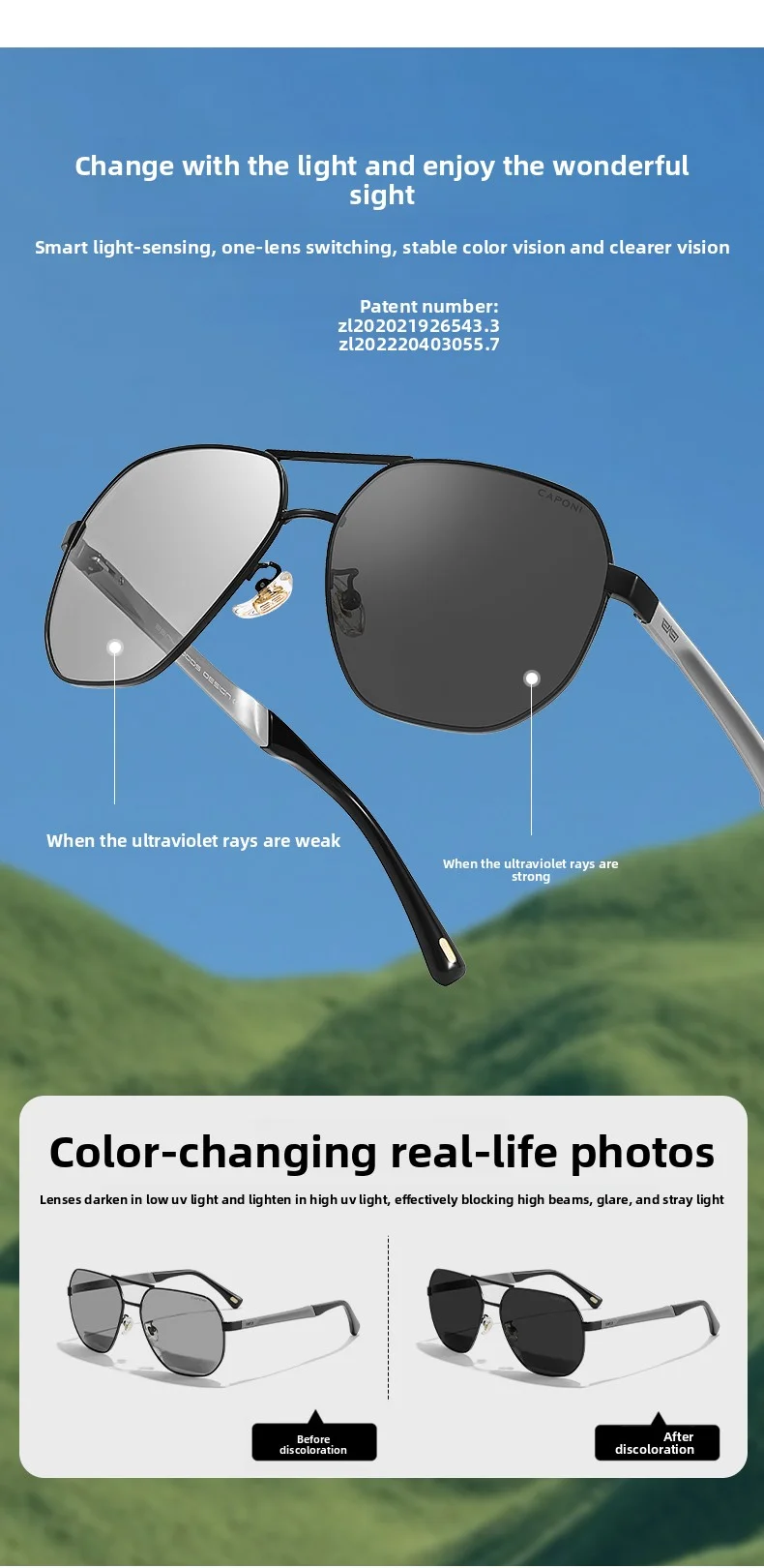 CAPONI Marke Sonnenbrille für Männer polarisierte photo chrome Outdoor-Fahren Sonnenschutz uv400 schützen blend freie Herren brillen bs21027 – Detail 3