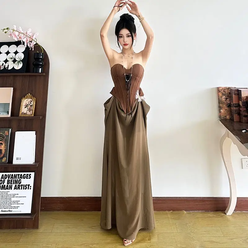 Vestido de tubo con costura de malla, diseño de mujer, plisado, largo con cordones