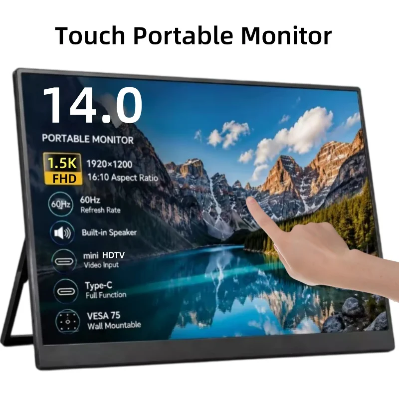 14'' portable monitor touch  1920X1200 350Nit 1200:1 USB-C  for Switch PS5 Xbox Steam Deck, 10-Point Touch Second Sc