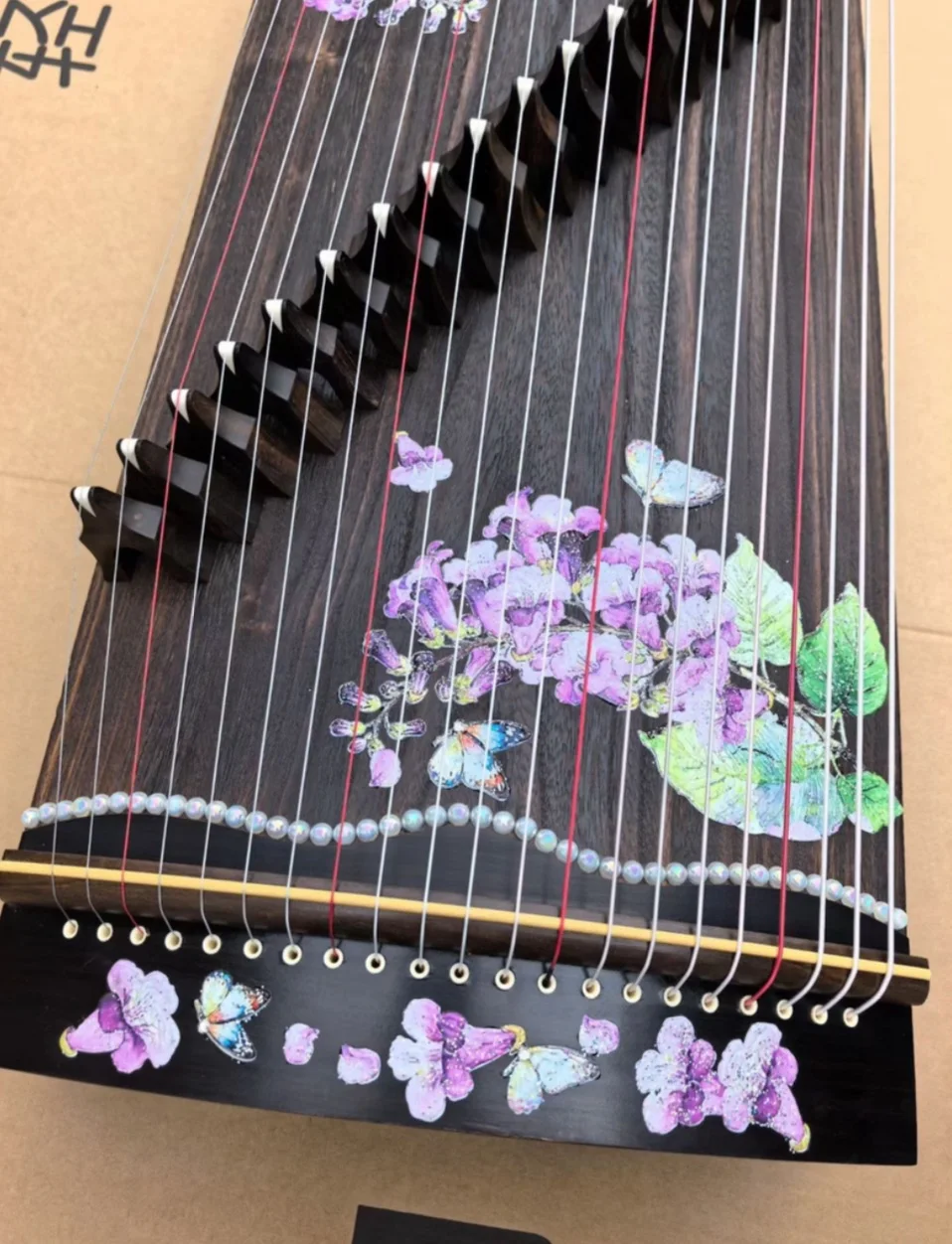 80cm Compact Guzheng 21‑String Chinese String Instrument, Hand‑Painted Panel Butterfly Wisteria Pattern