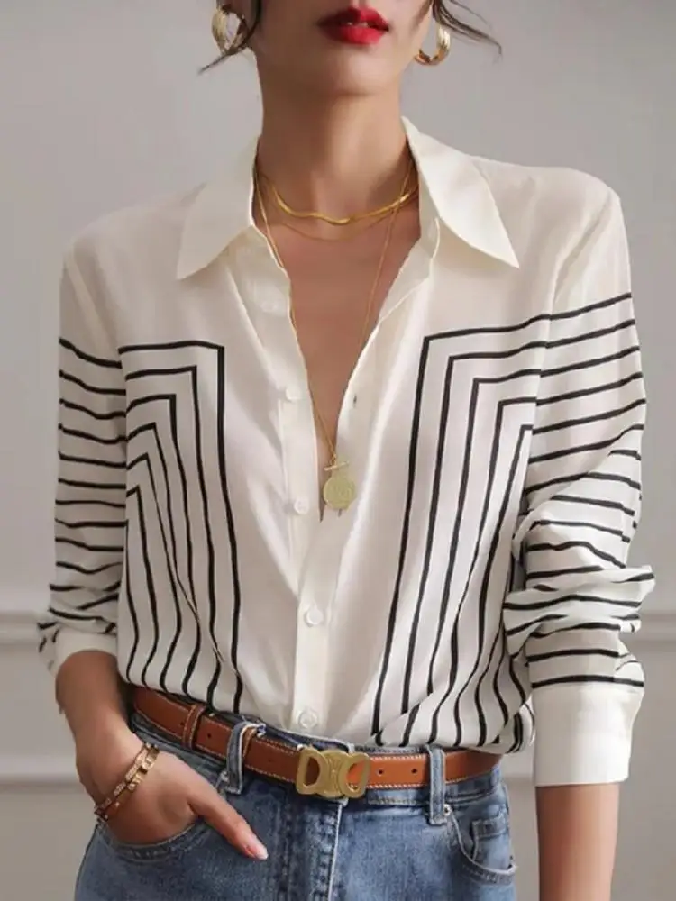 

Yeezzi Women Fashion Striped Printed Lapel Blouses 2023 New Arrivals Spring Autumn Long Sleeves Casual Trendy Office Shirts Tops