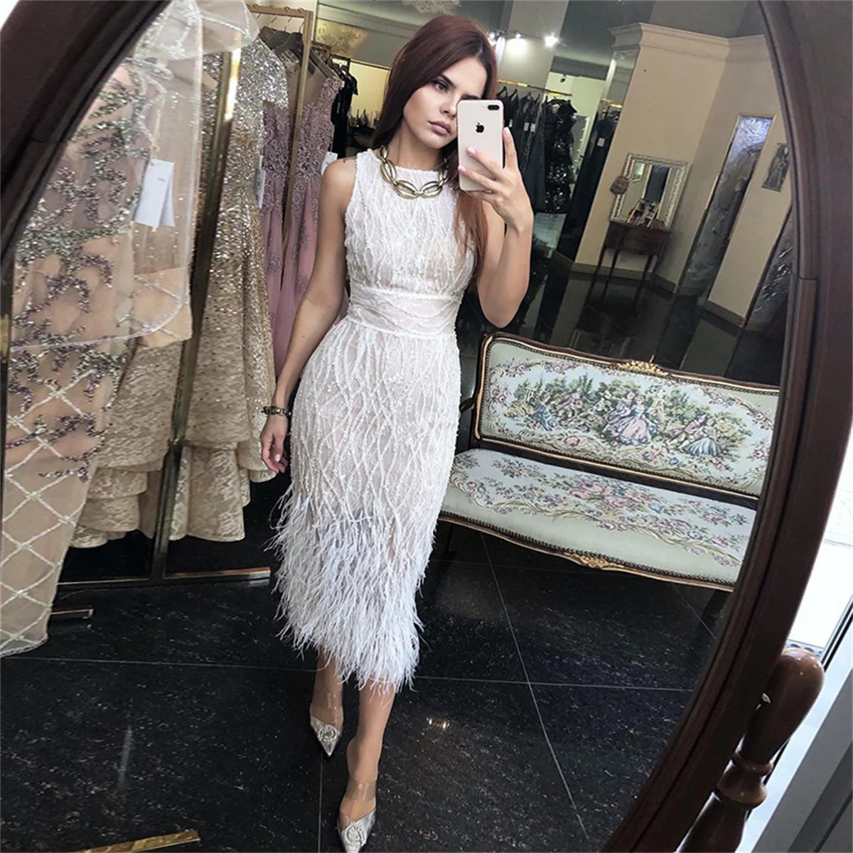 Customized Elegant Light Blue Lace Midi Evening Dress With Feathers Sequin Beading Women Formal For Prom Party Vestidos De Mujer