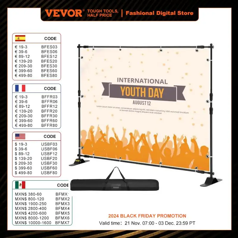 VEVOR 3x2.4M Backdrop Background Stand Adjustable Telescopic Backdrop Banner Stand for Photocall Video Wedding Event Party