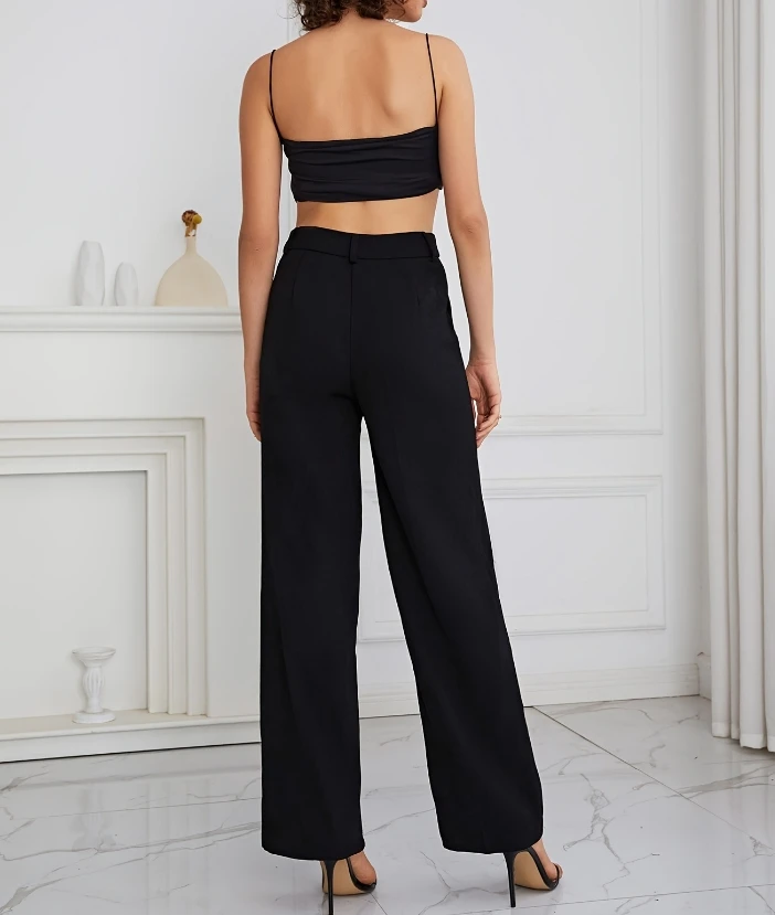 Lazy Style 2024 Spring Summer Two-Piece Set of Casual Simple Wide Leg Pants Mid Waist Elegant Commuting Long Pants Pants