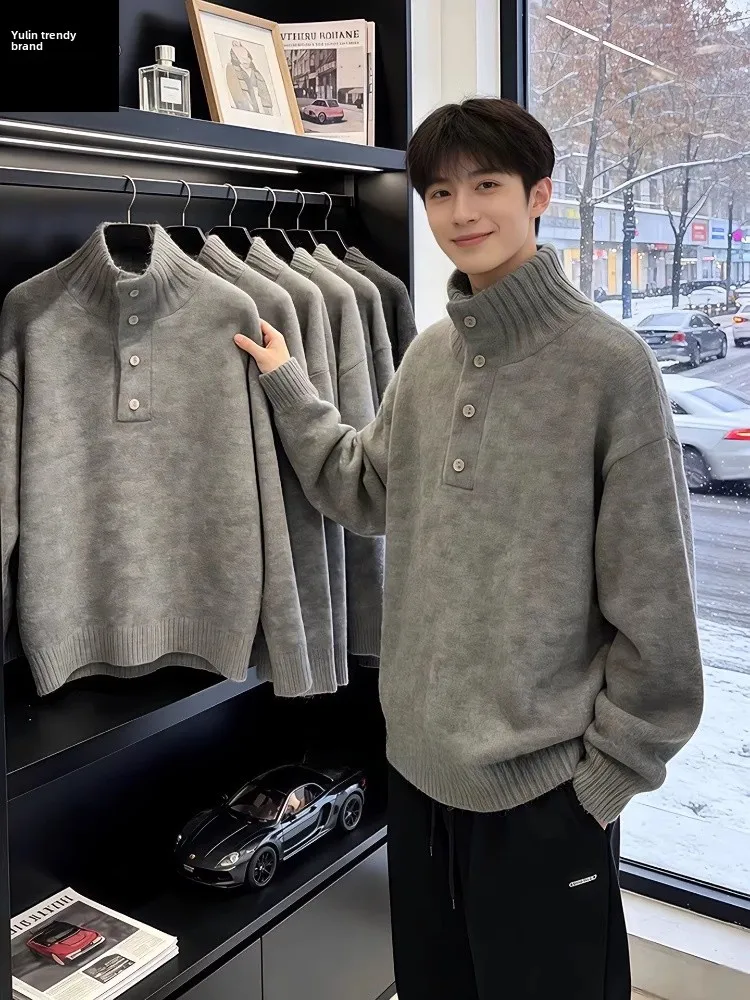 

Мужской вязаный свитер с воротником хенли Deep Ey American Style, зимний, с высоким воротом, базовый слой, повседневный, свободный крой