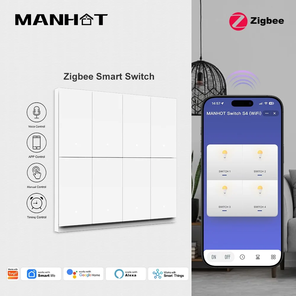 Manhot Zigbee 4x4 Smart Light Switch 6/8 Gang Push Button Switches With Neutral Wire Voice Control Works With Tuya Alexa Google