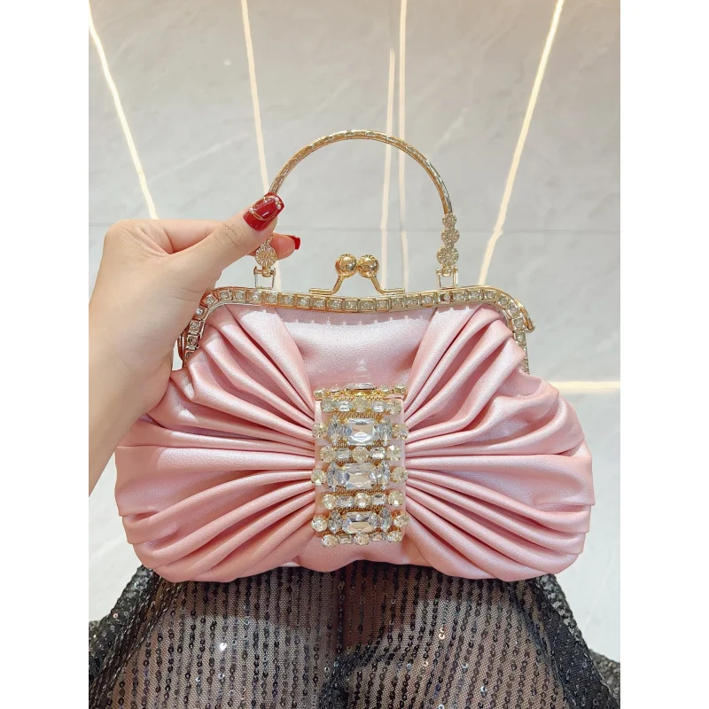 

New French-style fairy shiny handcrafted diamond-embellished party Kelly bag with bow, single-shoulder crossbody bag