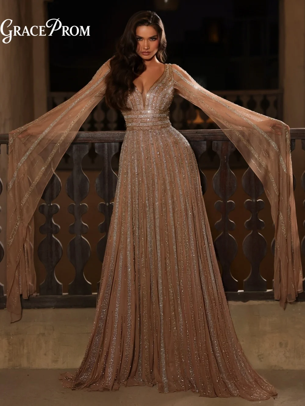 

Sparkling Beaded V Neck Evening Gown with Cape Sleeves Luxury Party Dress Wedding Guests فساتين سهرة Formal Floor Length Dress