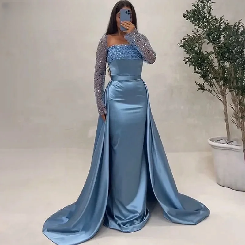 

Charming Blue Celebrity Dresses Floor Length Sequin Long Sleeves Backless Satin Formal Occasion Evening Gowns Lady