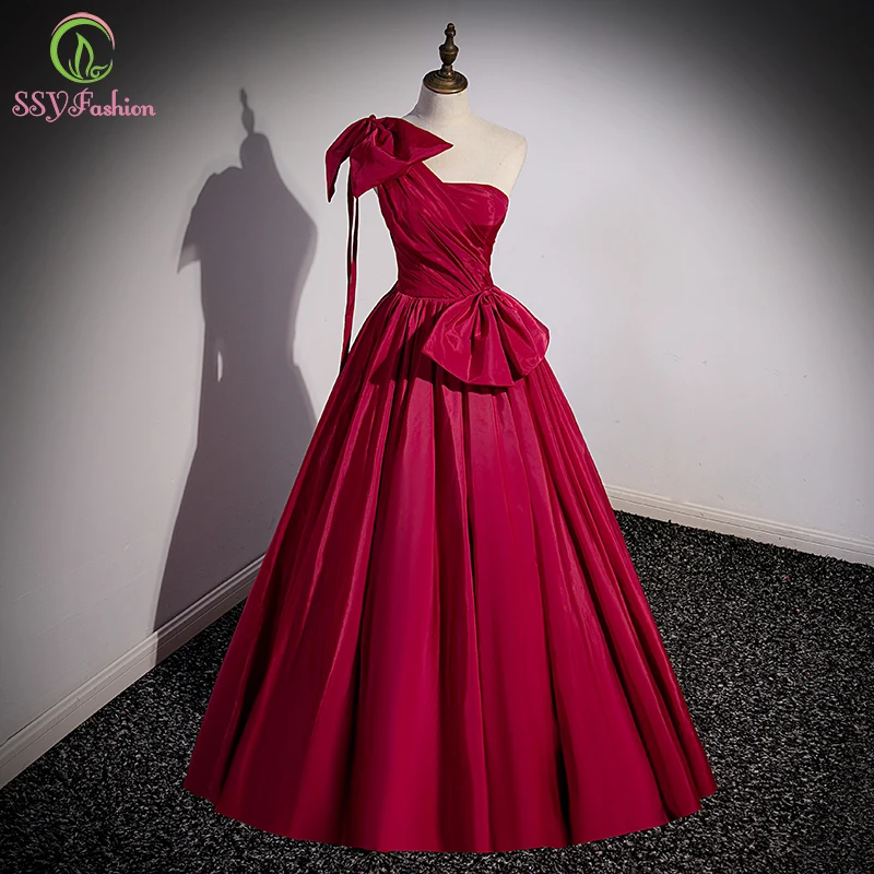 

SSFashion One Shoulder Red Evening Dress for Women Banquet Elegant Satin A-line Floor-length Formal Party Gowns Vestido De Festa