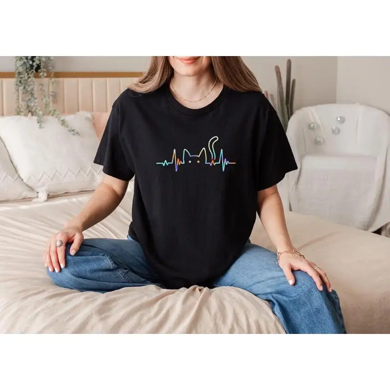 

Cat Heartbeat Rainbow T Shirt Cute Animal Lover Unique Colorful Design Casual Wear For Whimsical Enthusiasts