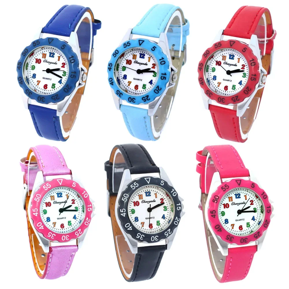 6Pcs Kids Wristwatch Set for Boys And Girls Leather Strap Student Gift Educational Watch