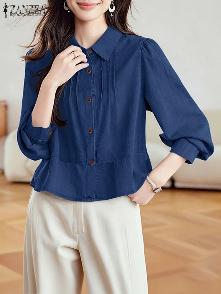 ZANZEA Frauen Hemd Langarm Elegante Büro Dame Tops 2025, Herbst Tasten Revers Casual Solide Blusas Mode Streetwear Blusen