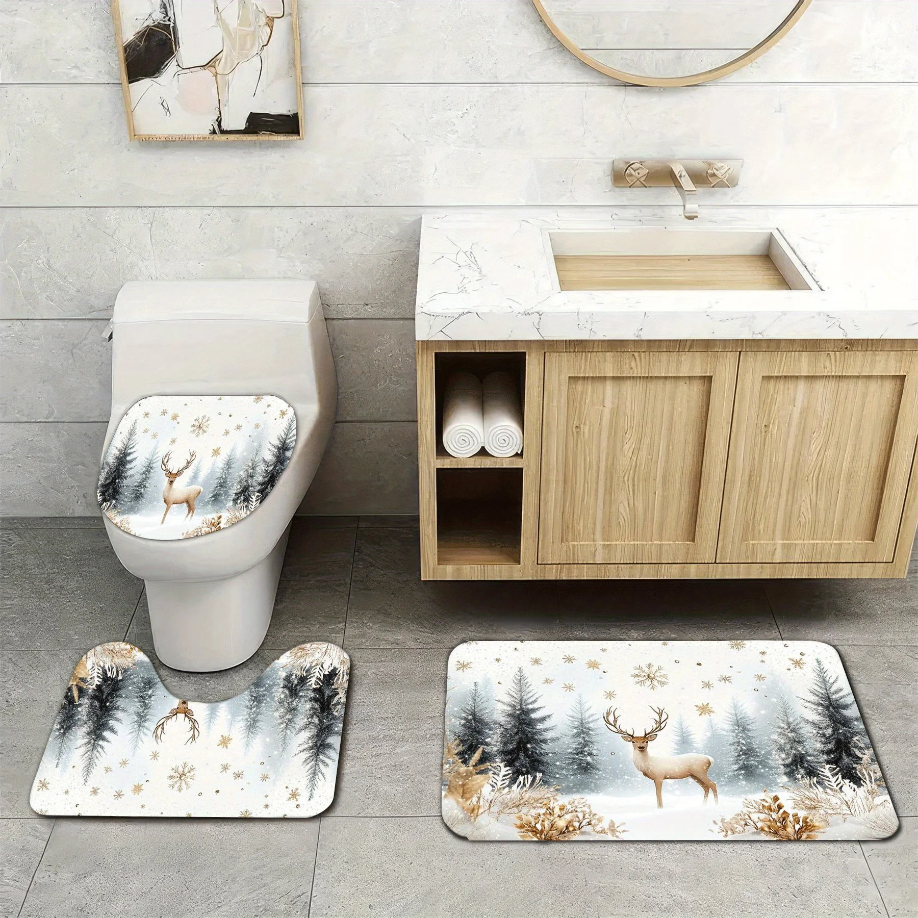 Luxury 3 Piece Deer Winter Bathroom Mat Set Woodland Rug Home Decor Accessories Toilet Seat Mat for Bathroom Use
