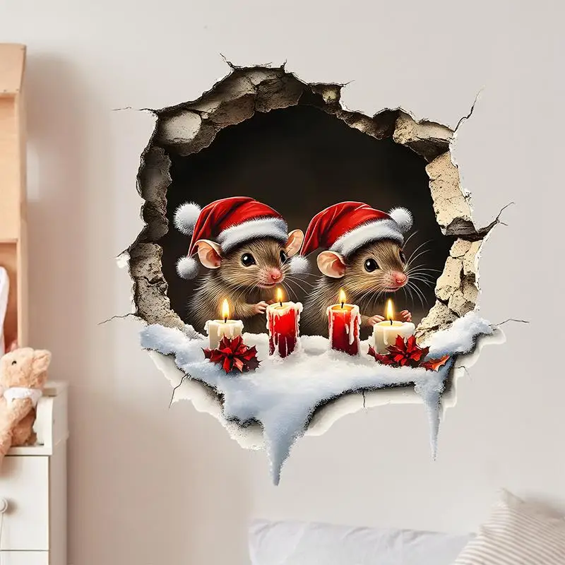 3D Effect Mouse Hole Candle Wall Stickers Cute Cartoon Animal Pattern Vinyl Decals Christmas Window Sticker Festival Home Decor