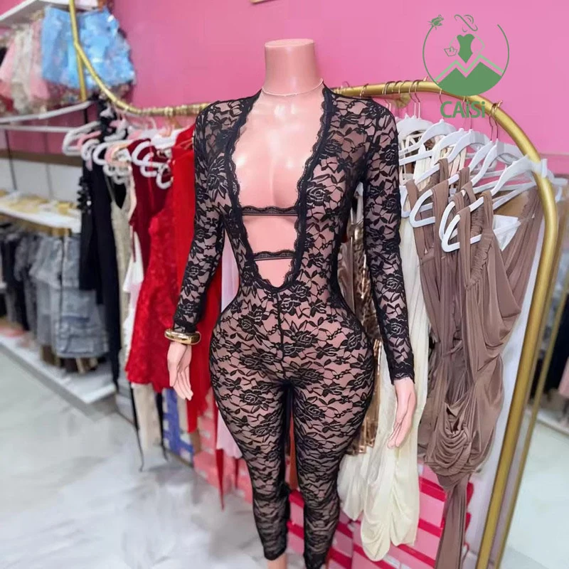 Sexy Schwarzer Spitzen-Bodysuit mit Langen Ärmeln, Durchsichtiger Jumpsuit für Damen, Nachtclub-Kleidung, Figurbetonter Einteiler aus Mesh