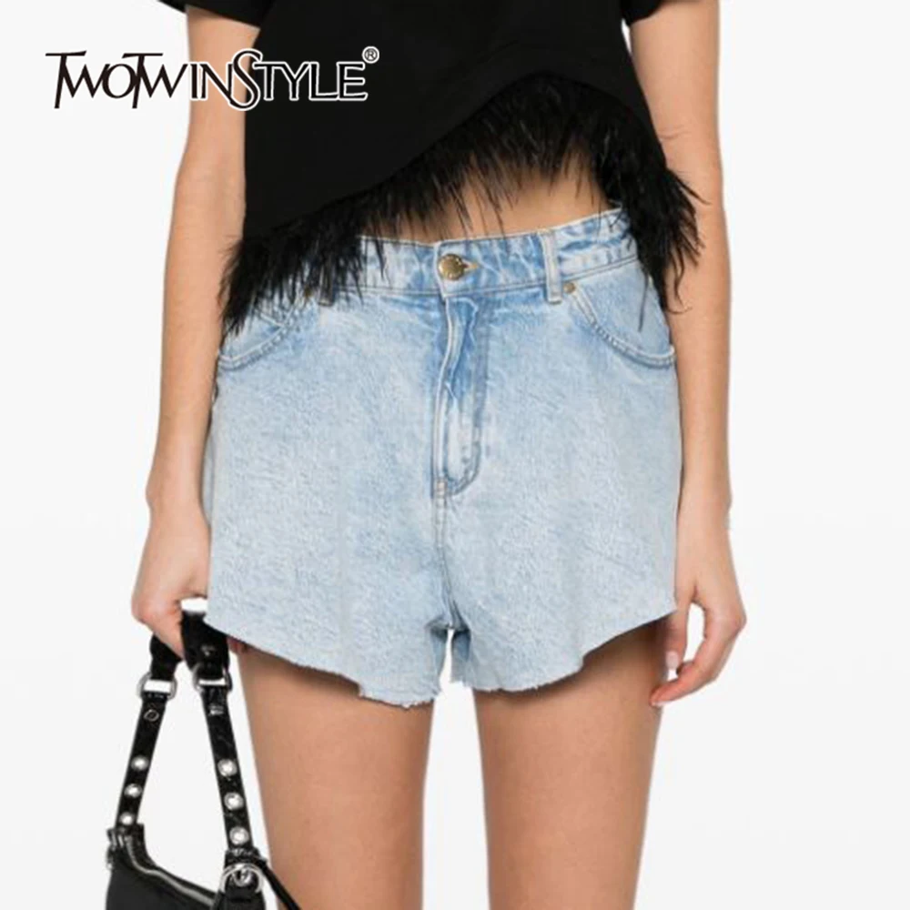 

TWOTWINSTYLE Solid Loose Sexy Denim Shorts For Women High Waist Patchwork Pockets Raw Hem Designer Short Pant Female Fashion New