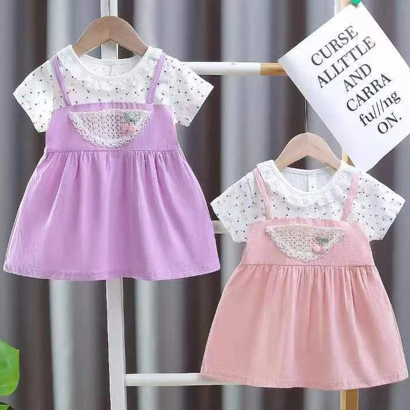 Summer Baby Girl Dress Embroidery Cherry Kid Girl Clothes Lace Collar Fashion Mini Dress Princess Party Costume 0-4Y Baby A1200