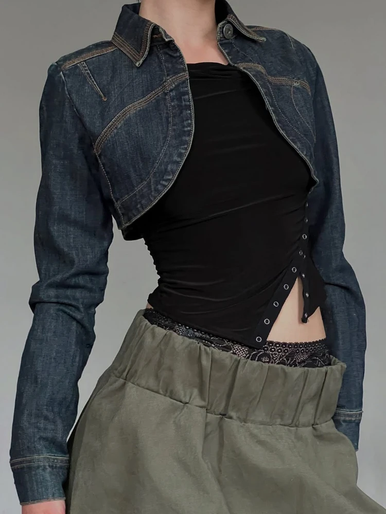 

Korobov Autumn Y2k Sexy Vintage Solid Slim Long Sleeve Single Button Streetwear Short Jackets