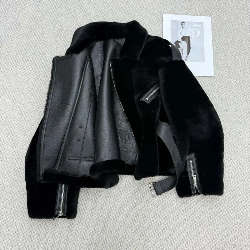 Women Natural Sheepskin Shearling Jacket Black Genuine Fur Integrated Moto Coat Lapel Zipper Belted Warm Short Motorcycle