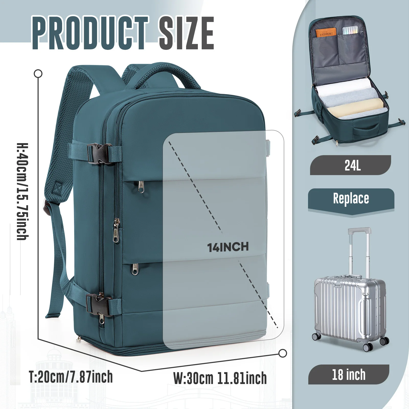 حقيبة ظهر Ryanair مقاس 40 × 30 × 20، حقيبة أمتعة يدوية معتمدة من شركة الطيران بحد أقصى 40 × 30 × 20 حقيبة ظهر للسفر للنساء والرجال، حقيبة ظهر للكمبيوتر المحمول مقاس 14 بوصة