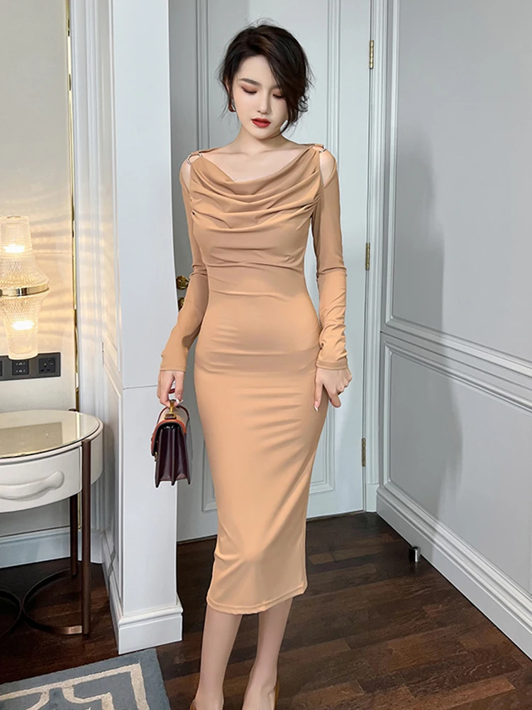 Elegante vestito Sexy per le donne 2023 Pullover kaki scava ritagliato pieghe manica lunga Split Midi Dress Party Street Office Vestidos