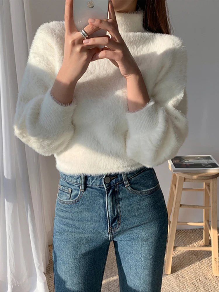 JMPRS Pullover Women Short Sweater Fashion Hairy Lantern Sleeve Autumn Female Jumper Knit Casual Korean Style Ladies Black Tops