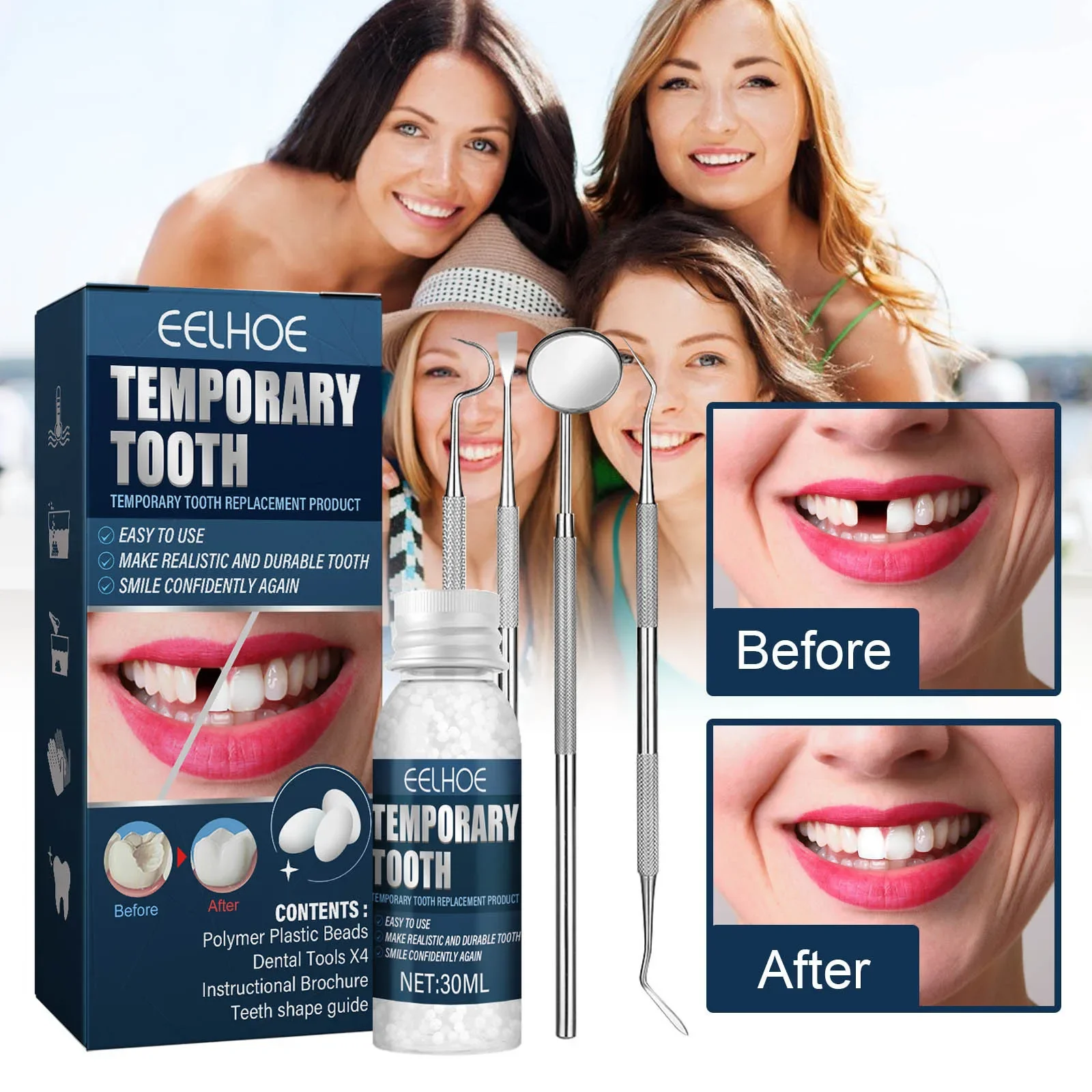 30ml Resin Tooth Repair Glue Temporary Teeth Repair Shapeable Makeup Dentures Teeth Filling Broken Teeth Gaps