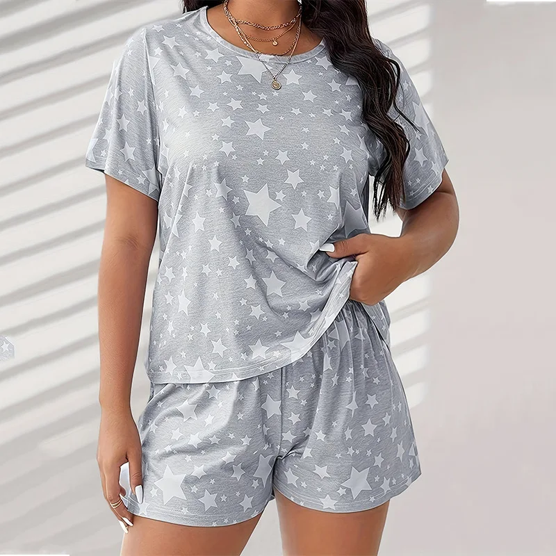 Plus Size Silk Pajamas Ladies Set T-Shirt Shorts 5xl Home Wear Women Sleepwear Fashion Soft Cartoon Casual Star Moon Nightwear