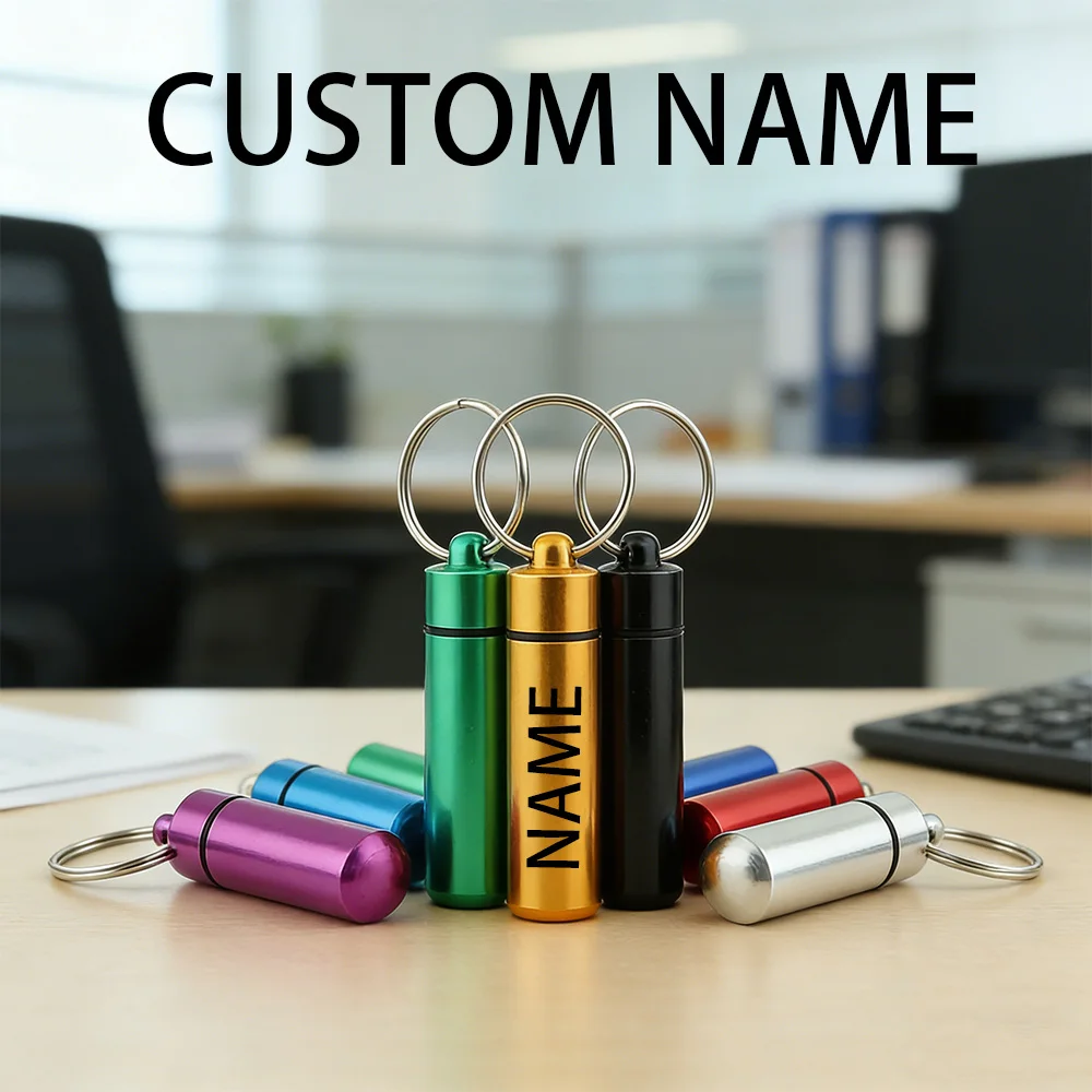

Hanging Bottle Seal Up Waterproof Container Keyring Custom Logo Name Portable Medicine Bottle Metal Mini Pendant Keychain Gift