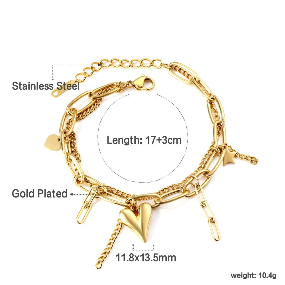 LUXUSTEEL Fashion Star Heart Charm Layered Bracelets For Women Girls Stainless Steel Paperclip Cuban Link Chain On Hand Jewelry