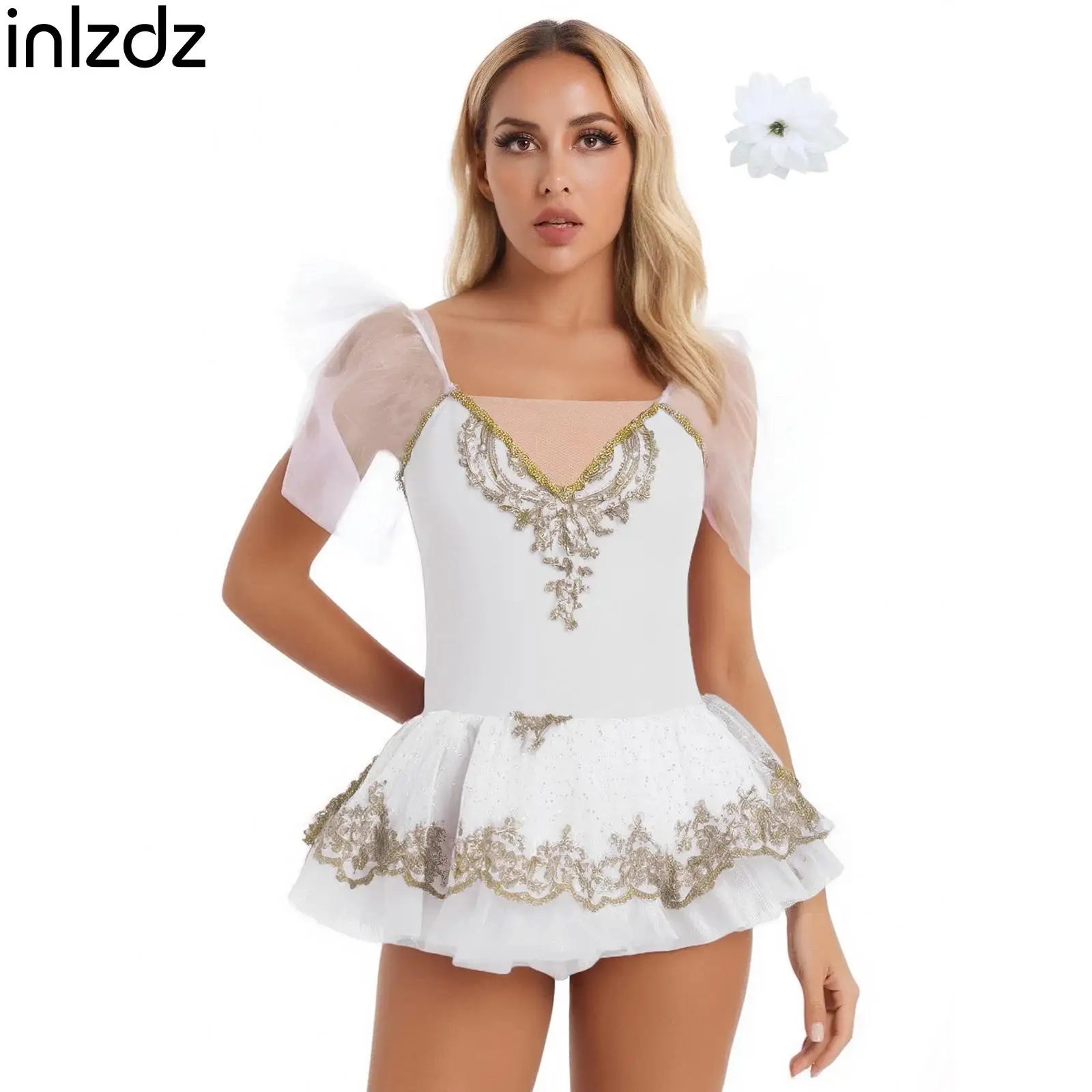 

Womens Ballet Swan Lake Tutu Dress Gymnastics Dress with Flower Hair Clip Stage Performance Costume for Halloween Cosplay Party