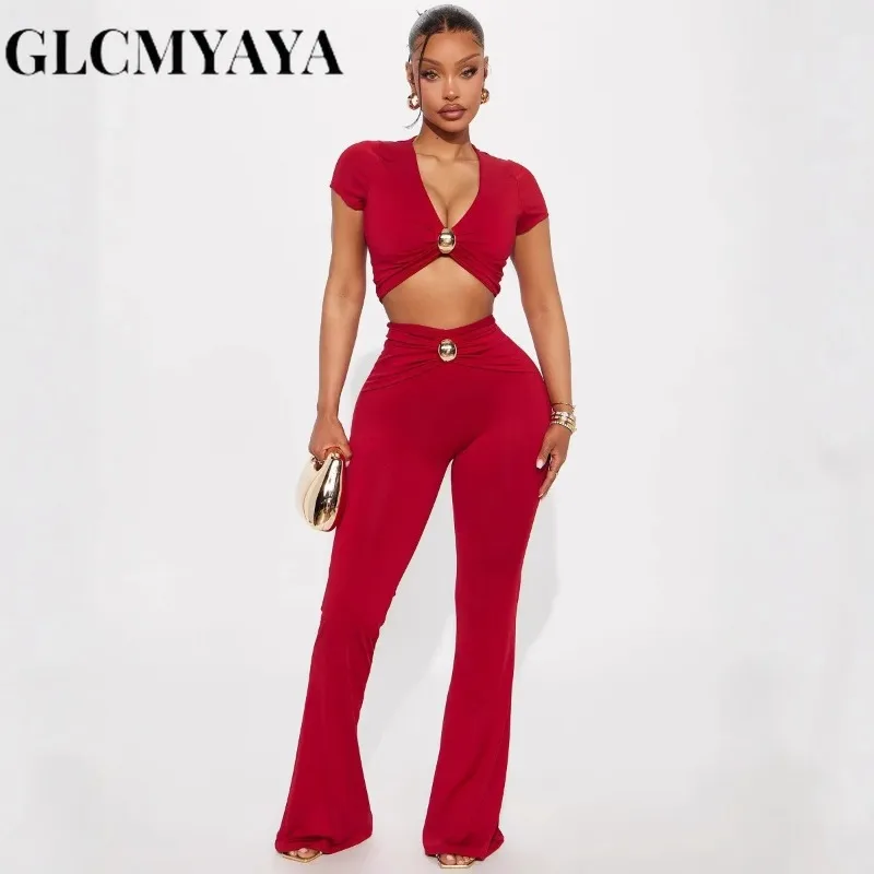 

Женский комплект: топы с короткими рукавами и v-образным вырезом и широкие брюки для бега, лето 2025 г., спортивный костюм для активного отдыха, комплект из двух предметов