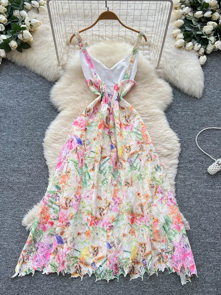 Ele Hollow out Embroidered Lace Strap Dr Women's High Waist A-Line Skirt ort Sve Summer Commute Korean Sle