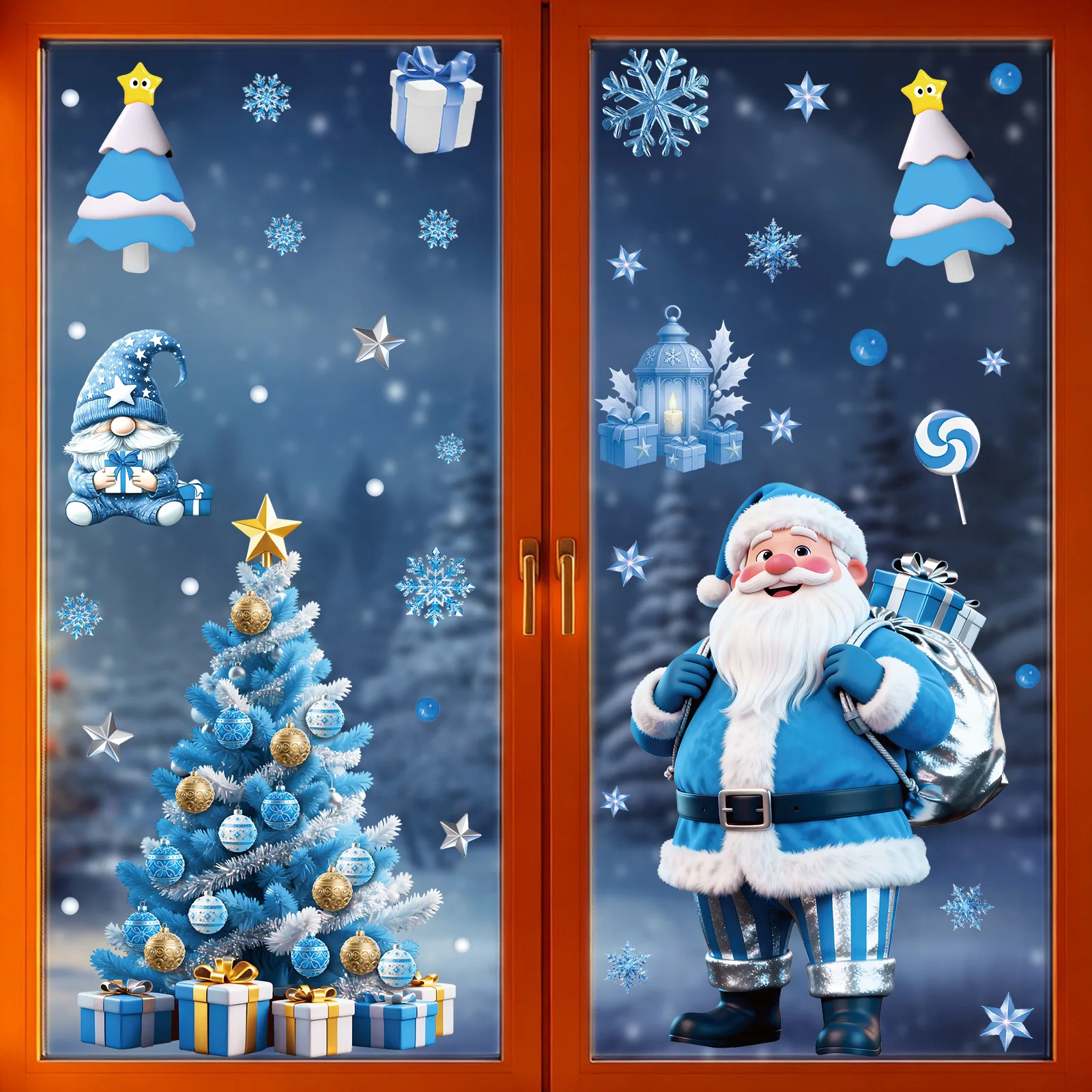 Blue Snowflake Santa Claus Christmas Window Decals, Static‑Cling Glass Stickers for Festive Holiday Scene Decoration