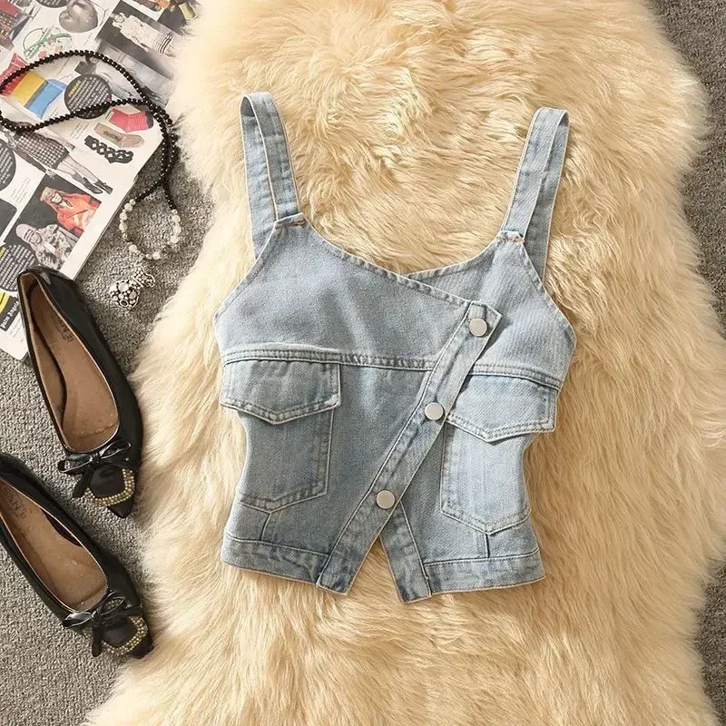 

Vests Women Denim Coats American Streetwear Teens Sleeveless Slim Cropped Hipster Fashion Temper Spliced Y2k Clothes All-match