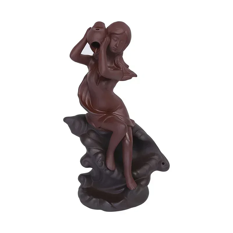 Home Ornaments Mermaid Ceramic Handicrafts Conch Girl Backflow Incense Burner Stick Holder Purple Clay Censer Decor -No Incense