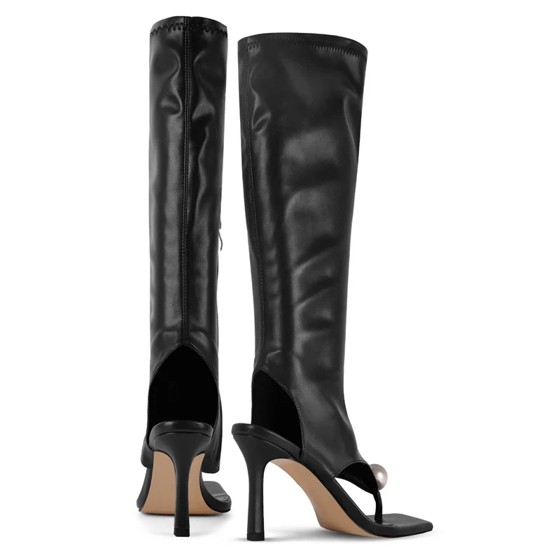 Onlymaker Women Square ToeThong Heeled Boots Knee High Stretch Stiletto Heels Cut Out Side Zipper Boots