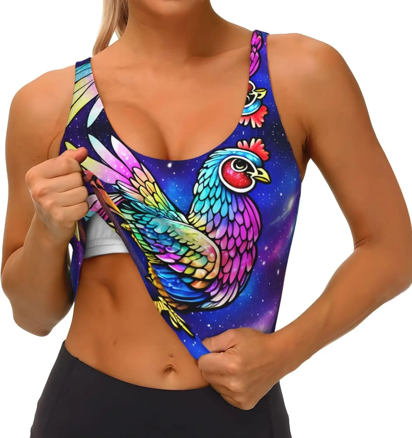 Galaxy Chicken プリント レディース スポーツ ベスト ヨガ ワークアウト フィットネス用 - カジュアル ノースリーブ アスレチック ガールズ用 ブラック XX-Large