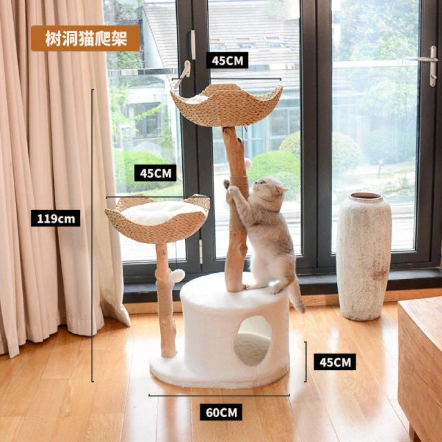 Hot Pet Furniture Modern Kitten House Wooden Cat Tree Tower scratcher Luxury Kitten Flower Condo Cozy Plush Wood Floral Cat Tree