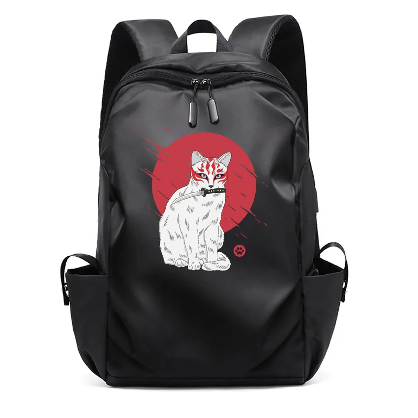 Travel for Women Man Carry On Backpack Laptop Unisex Backpack College Bag Casual Japanese style Cat Samurai Sword Print Rucksack