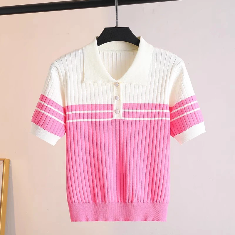 Short Sleeve Polo Collar Knit Tshirts Tops Women Casual Slim Summer Striped Knitwear Jumper Camisetas Preppy Style Ice Silk Tee