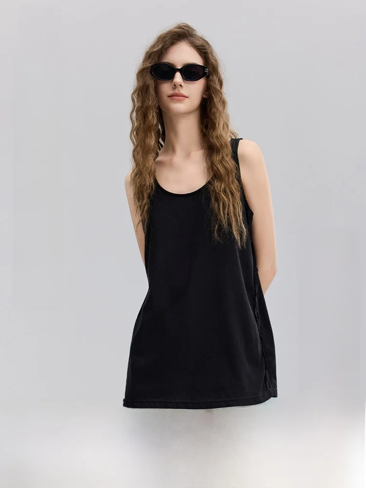 

A02 Свободный крой с кружевной отделкой, легкий летний топ без рукавов, женский уличный топ с принтом из смеси хлопка и полиэстера, застежка-молния