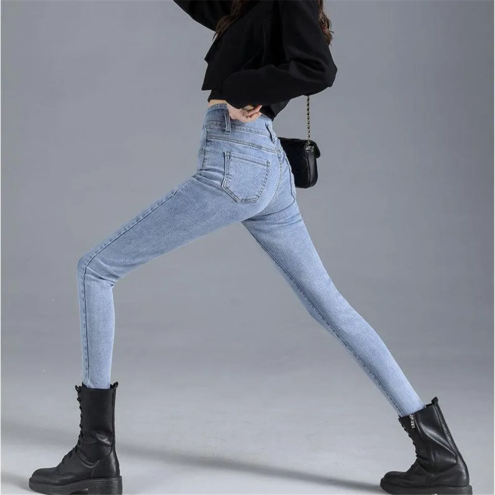 Irregular High Waisted Skinny Pencil Jeans Women Y2k Chic Solid Warm Plus Velvet Winter Denim Pants Harajuku Pocket Slim Thermal