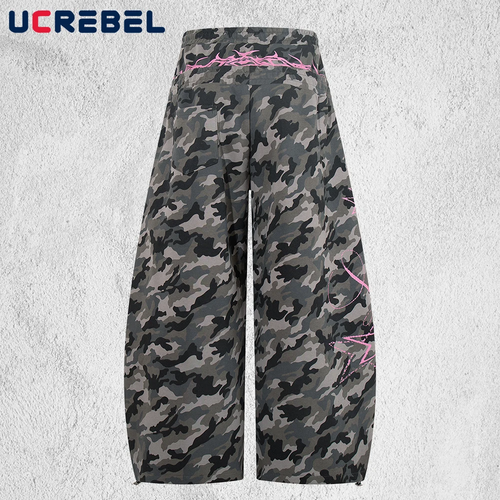 Camouflage Double Waisted Sweatpants Mens Letter Print Y2k Streetwear Elastic Waist Wide Leg Jogger Pants Man Scimitar Trousers