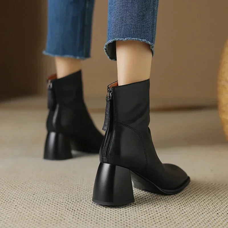 NEW Autumn/Winter Women Boots Square Toe Chunky Heel Shoes Genuine Leather Shoes for Women Elegent Modern Boots Zip Short Boots