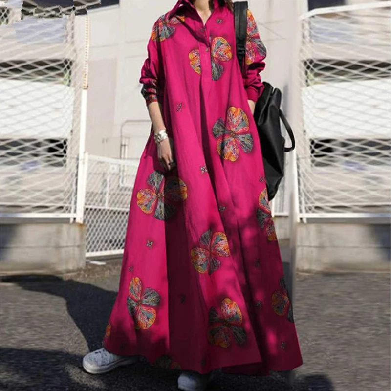 

Autumn Stylish Women Vintage Long Sleeve Loose Sundress 2022 Casual Long Maxi Dress Kaftan Femme Print Party Vestido Robe