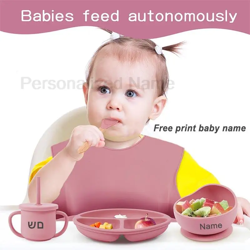 8Pcs Baby Silicone Feeding Set Round Dining Plate Sucker Bowl Dishes For Kids Personalized Name Children\'s Tableware Straw Cup