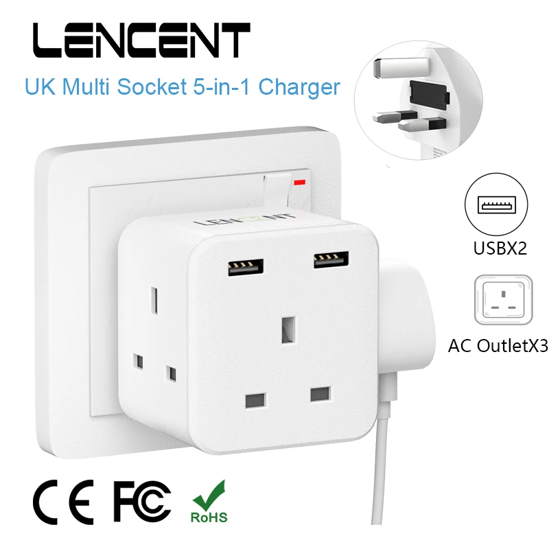 LENCENT UK Plug Power Strip with 3 AC Outlets 2 USB Charging Ports 5V 2.4A Portable Multi Socket Power Adapter for Home Office